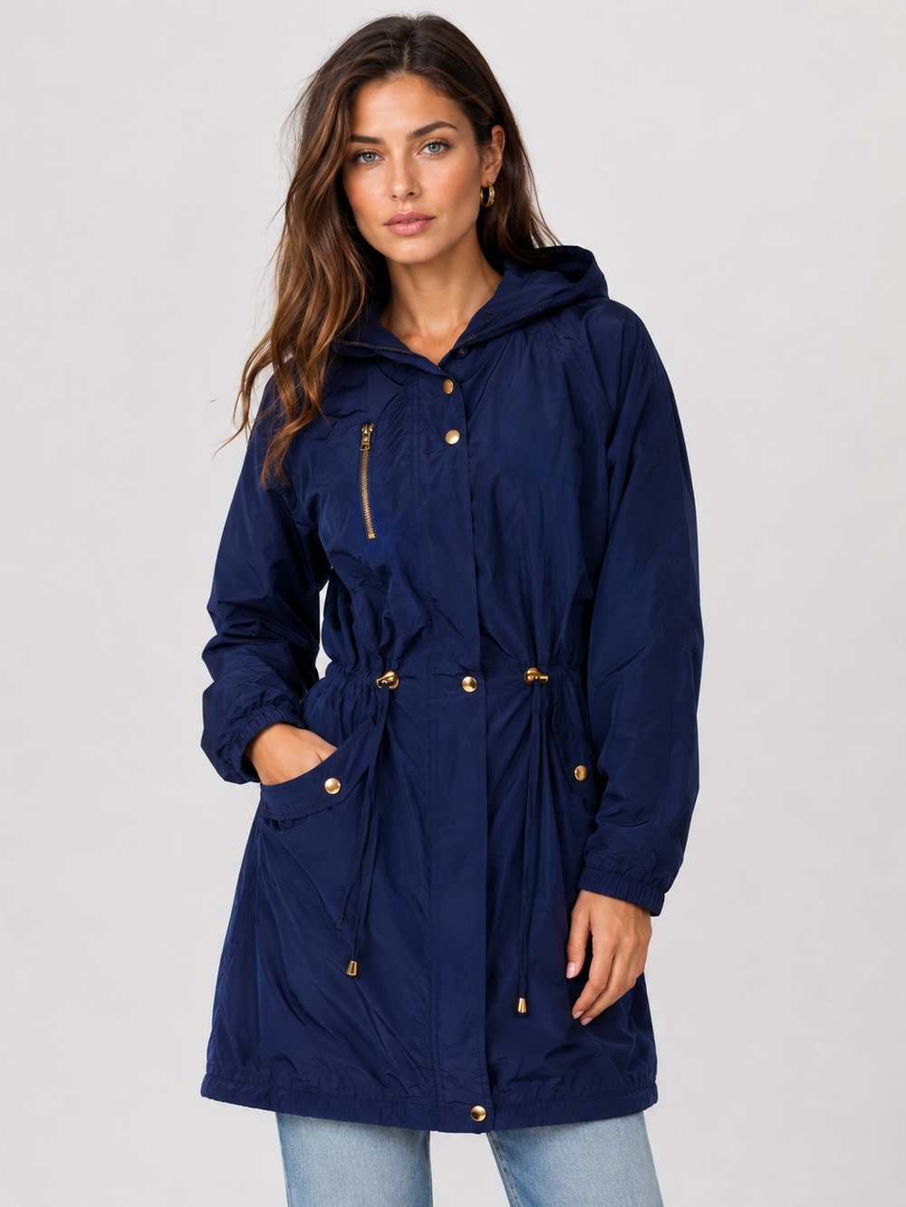 Trina Turk Trench Coat With Hood Size M Navy Utility Fall Rain Repellent Work